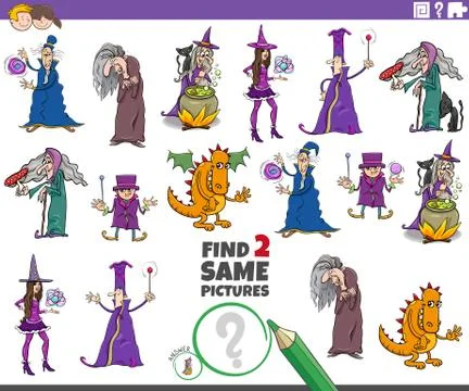 Find two same fantasy characters task for kids Stock Illustration