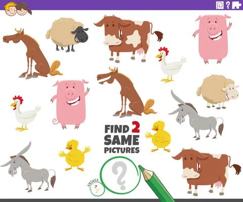 Find two same farm animal characters educational game 스톡 일러스트