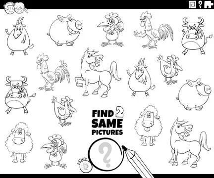 Find two same farm animals task coloring book page Illustrazione stock