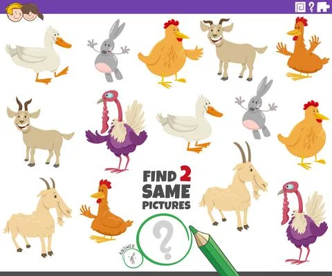 Find two same farm animals educational task for kids Illustrazione stock