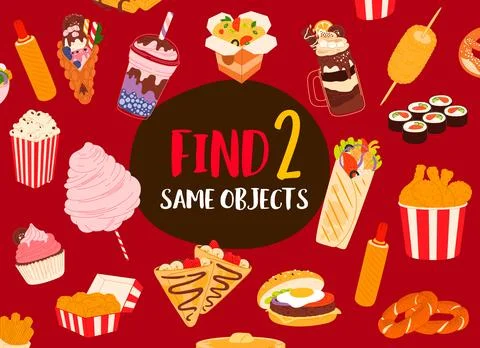 Find two same fast food, desserts and drinks game Stock Illustration