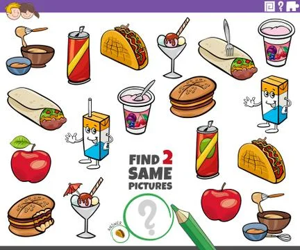 Find two same food objects task for kids Stock Illustration
