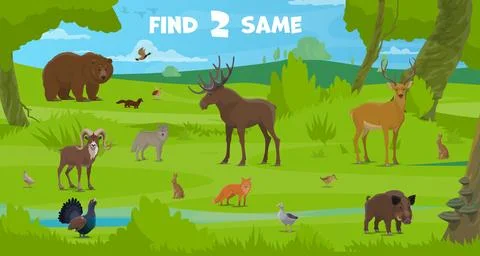 Find two same forest hunting animals on kids game Stock Illustration