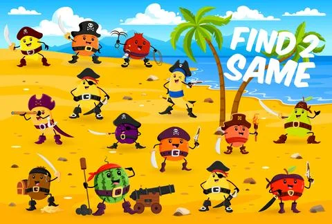 Find two same fruit pirates characters game puzzle Stock Illustration
