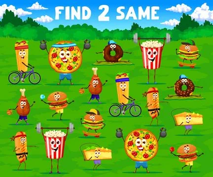 Find two same funny fast food characters game Illustrazione stock