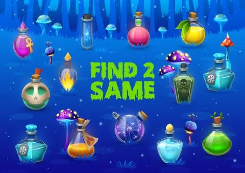 Find two same Halloween magic potion bottles game Illustrazione stock