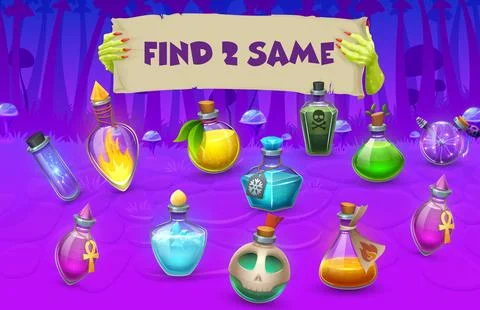 Find two same Halloween potion bottles, kids game Stock Illustration