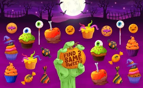 Find two same Halloween sweets, cookie and cakes Stock Illustration