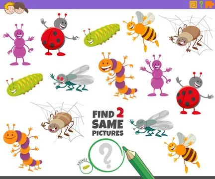 Find two same insect characters game for kids Cartoon Illustration of Find... Stock Photos