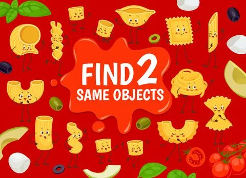 Find two same italian pasta characters game puzzle Stock Illustration