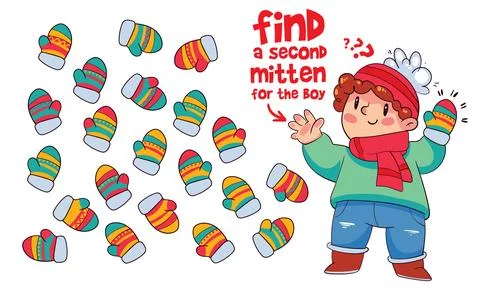 Find two same items. Find a second mitten for the boy. Find other pair. Educa Stock Illustration