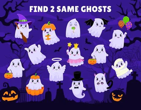 Find two same kawaii ghosts kid game worksheet Stock Illustration
