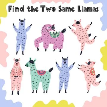 Find the two same llamas. Educational activity game for toddlers Stock Illustration