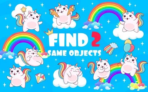 Find two same magic cute caticorn cat and kitten Stock Illustration