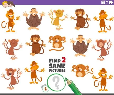Find two same monkeys educational game for children Stock Illustration