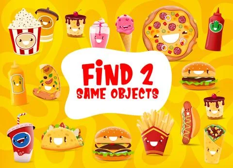 Find two same objects, cartoon takeaway fast food Illustrazione stock