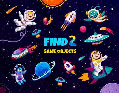 Find two same objects in galaxy space, kids game Illustrazione stock