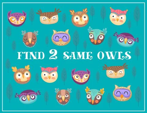Find two same owls kids maze game, vector riddle Stock Illustration