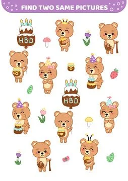 Find two same pictures. Bear birthday. Game for children. Cartoon, vector Stock Illustration