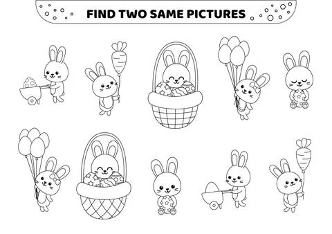 Find two same pictures. Black and white. Easter bunnies. Game for children Illustrazione stock