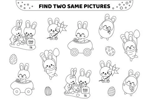 Find two same pictures. Black and white. Egg hunt with Easter rabbits. Game for Stock Illustration