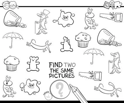 Find two the same pictures coloring page Black and White Cartoon Illustrat... Stock Photos