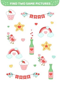 Find two same pictures. Cute pink girls elements. Game for children. Cartoon Stock Illustration