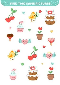 Find two same pictures. Cute romanse elements. Game for children. Cartoon Stock Illustration