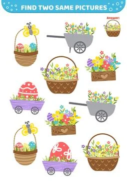 Find two same pictures. Easter basket. Easter eggs. Game for children. Flat Stock Illustration