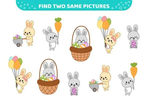 Find two same pictures. Easter game with bunnies and eggs. Game for children Illustrazione stock