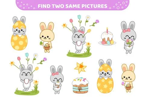 Find two same pictures. Easter rabbits celebrate Easter and spring. Game for Illustrazione stock