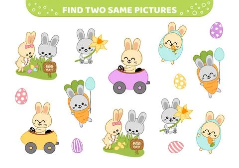 Find two same pictures. Egg hunt, Easter feast. Game for children. Cartoon Illustrazione stock