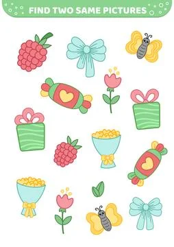 Find two same pictures. Feast elements. Game for children. Cartoon, vector. Stock Illustration