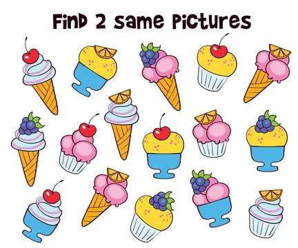 Find two same pictures. Find two identical ice cream. Educational game for ch Stock Illustration