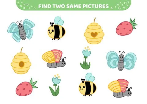 Find two same pictures. Nature. Bee, butterfly, flower. Game for children Stock Illustration