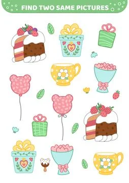 Find two same pictures. Nice girl things. Game for children. Cartoon, vector Stock Illustration