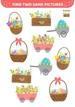 Find two same pictures. Spring floral basket. Easter eggs. Game for children Illustrazione stock