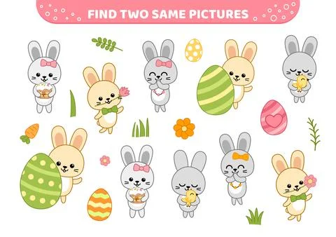 Find two same pictures. Spring Easter game. Game for children. Cartoon, vector Stock Illustration