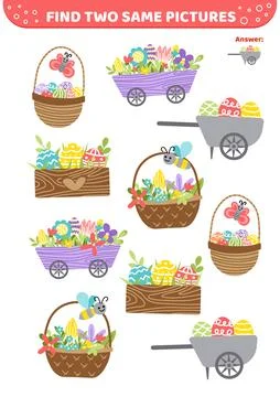 Find two same pictures. Summer basket. Easter eggs. Game for children. Flat Illustrazione stock