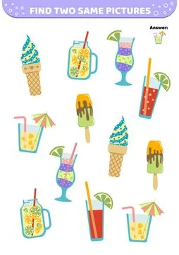 Find two same pictures. Summer desserts. Game for children. Flat, cartoon Illustrazione stock