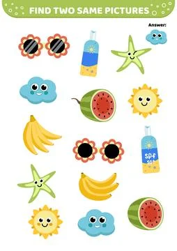 Find two same pictures. Summer elements. Game for children. Flat, cartoon Stock Illustration