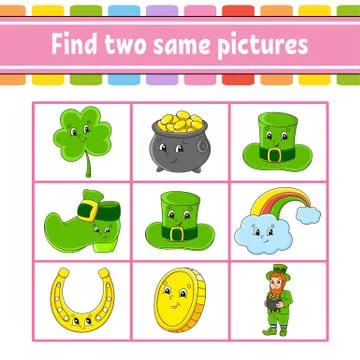 Find two same pictures. Task for kids. St. Patrick's day. Education developin Stock Illustration