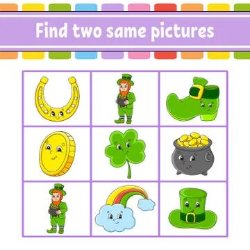Find two same pictures. Task for kids. St. Patrick's day. Education developin Illustrazione stock