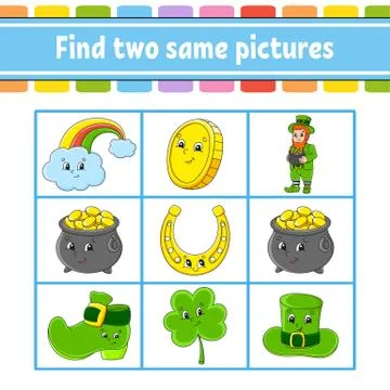 Find two same pictures. Task for kids. St. Patrick's day. Education developin Stock Illustration