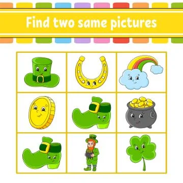Find two same pictures. Task for kids. St. Patrick's day. Education developin Stock Illustration