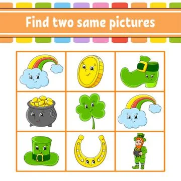 Find two same pictures. Task for kids. St. Patrick's day. Education developin Stock Illustration