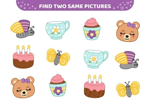 Find two same pictures. Tea party with bear girl. Game for children. Cartoon Illustrazione stock