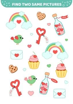 Find two same pictures. Valentines day. Game for children. Cartoon, vector Stock Illustration