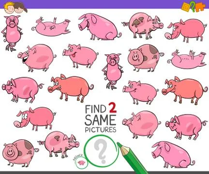 Find two same pigs characters game for kids Illustrazione stock