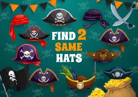 Find two same pirate tricorn, cocked hats, bandana Stock Illustration